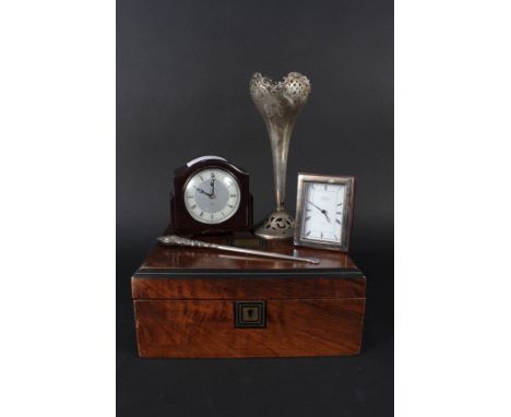 A wooden box, a German silver vase with pierced decoration, a modern silver fronted car clock plus a Smiths Bakelite cased cl