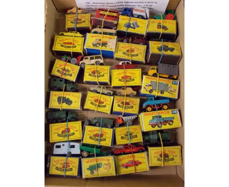 MATCHBOX MOKO LESNEY ORIGINAL MODELS IN POOR TO FAIR BOXES WITH 13 WRECK TRUCK, 5 LONDON BUS, 1 ROAD ROLLER, 66 DS19, 17 TAXI