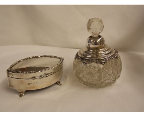 SILVER CAPPED GLASS GLOBULAR SCENT BOTTLE AND STOPPER AND A SILVER MARQUISE SHAPED TRINKET BOX