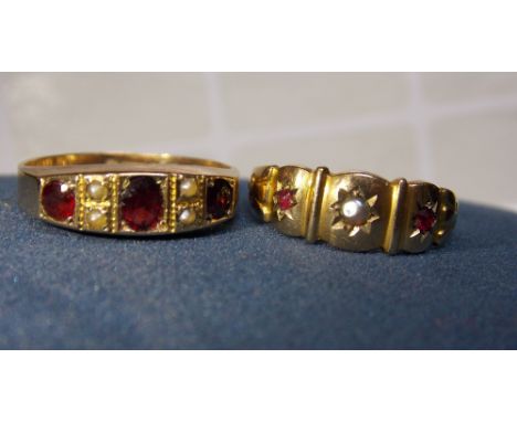 18CT GOLD RUBY AND SEED PEARL SET RING 2.1G AND A 9CT GOLD RING