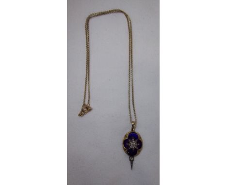VICTORIAN UNMARKED BLUE ENAMEL AND STONE SET PENDANT ON CHAIN
