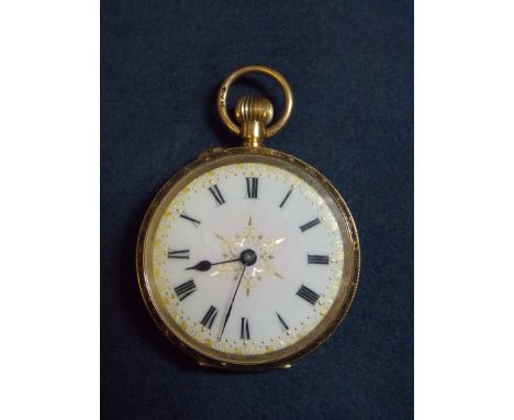 15CT GOLD ENGRAVED FOB WATCH WITH ENAMEL DIAL