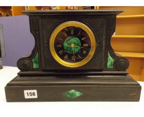 BELGIAN BLACK SLATE AND MALACHITE PANEL MANTEL CLOCK