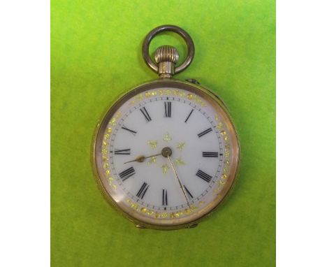 14K ENGRAVED GOLD CASED FOB WATCH WITH ENAMEL FACE