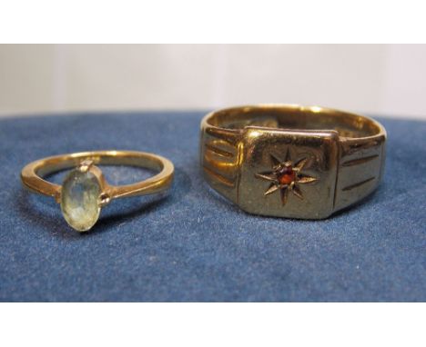 18CT AQUA MARINE RING AND A 9CT GOLD RUBY SIGNET RING 6.4G