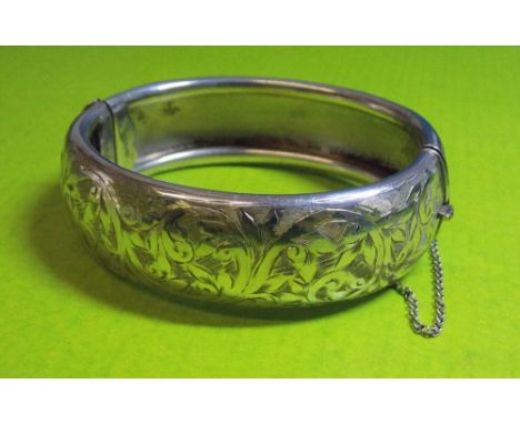 SILVER ENGRAVED CUFF BANGLE WITH SAFETY CHAIN