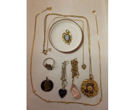 BOX OF COSTUME JEWELLERY INCLUDING ENAMEL BRACELET, LOCKET, BRACELET, COIN PENDANT