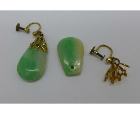 A pair of jade pendant earrings with screw backs, a/f