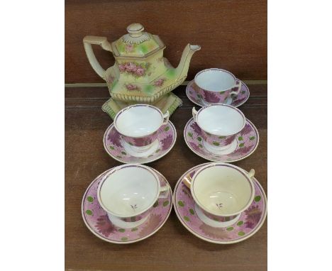 A Sunderland lustre set of five cups and saucers, two cups a/f, c.1830 and a Victorian teapot and stand