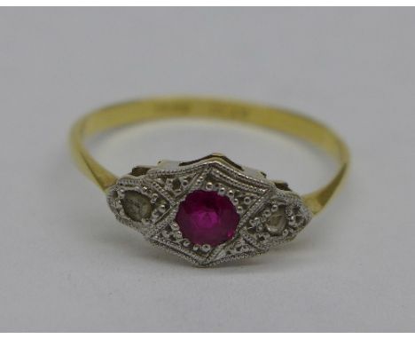 An 18ct gold, platinum set ruby and old cut diamond ring, 1.5g, O