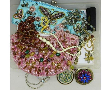 Two beaded evening bags, compact mirrors and vintage jewellery