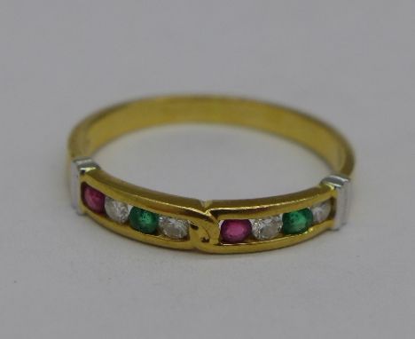 An 18ct gold, diamond, emerald and ruby ring, 2.1g, M