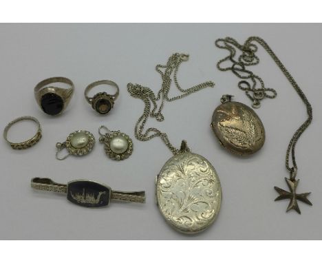 Two silver lockets, earrings, two rings, a tie pin, etc. 51.1g