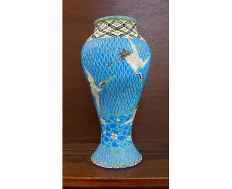 An oriental blue enamel decorated vase with cranes, 30cm