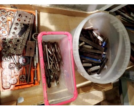 Box of mixed lathe tools, punches and taps. Not available for in-house P&amp;P