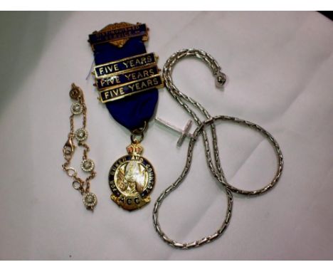 ACC distinguished Service Medal, with three 5 years clasps, a white metal cross and chain and a silver bracelet. UK P&amp;P G