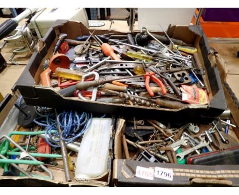 Three boxes of tools and hardware items. Not available for in-house P&amp;P 