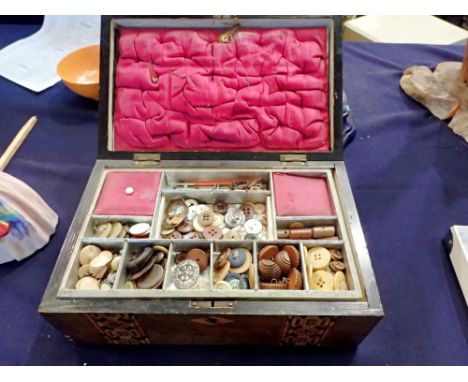 Inlaid walnut box with vintage sewing accessory contents, 28 x 18 x 12cm H. UK P&amp;P Group 2 (£20+VAT for the first lot and