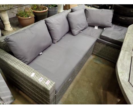 Grey 'L' shaped rattan style garden furniture with scatter cushions. Not available for in-house P&amp;P 