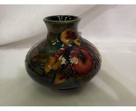 Moorcroft squat vase columbine pattern in a flambé glaze, A/F, H: 7 cm. UK P&amp;P Group 1 (£16+VAT for the first lot and £2+