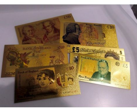 Gold plated British replica bank notes - uncirculated. UK P&amp;P Group 1 (£16+VAT for the first lot and £2+VAT for subsequen