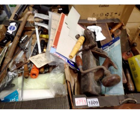 Two boxes of mixed tools, including block planes. Not available for in-house P&amp;P