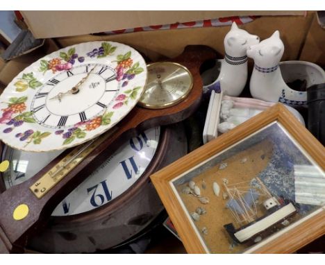 Box of mixed collectables, including a barometer, clocks and ceramics. Not available for in-house P&amp;P