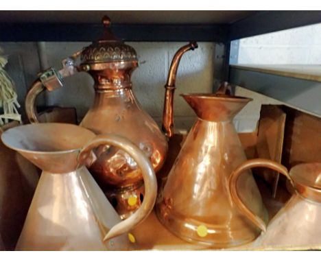 Set of three copper jugs and a large copper teapot. Not available for in-house P&amp;P 
