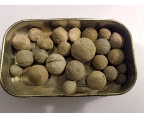 Tin of English civil war musket balls. UK P&amp;P Group 1 (£16+VAT for the first lot and £2+VAT for subsequent lots) 