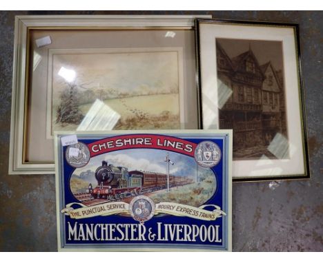 Cheshire Lines lithograph and two framed pictures, 42 x 30cm H. Not available for in-house P&amp;P