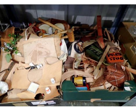 Two boxes of leather and leather working tools and accessories. Not available for in-house P&amp;P 