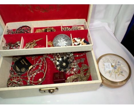 Costume jewellery in vintage jewellery box, brooches, earrings, necklaces, ladies gold plated wristwatches. UK P&amp;P Group 