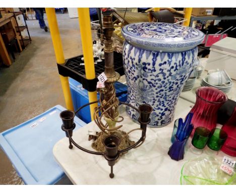 Wrought iron, four candle holder and an onyx and brass, glass lamp. All electrical items in this lot have been PAT tested for