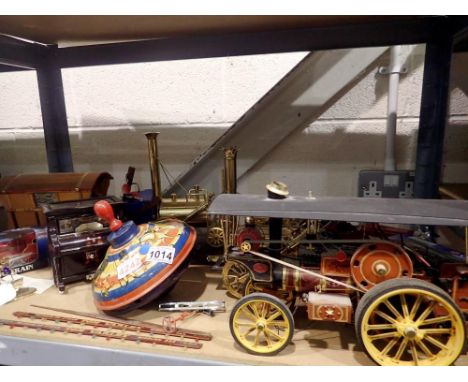 Shelf of mixed vintage toys, including a Chad Valley #10034 spinning top. Not available for in-house P&amp;P
