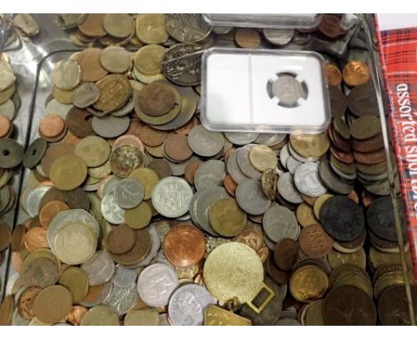 Large tin of old world coins. UK P&amp;P Group 2 (£20+VAT for the first lot and £4+VAT for subsequent lots) 