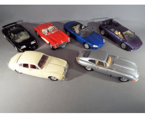 Burago, Maisto - six 1/18 scale models to include Jaguar E type, Jaguar MK2, Jaguar XK, Lamborgini Diablo, Bugatti and Chevro