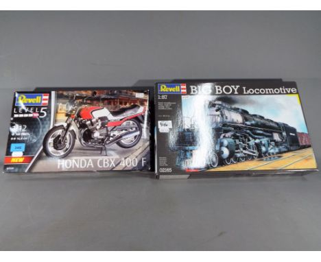 Revell - a Revell Honda CBX 400 F 1/12 scale model kit #07939 and Big Boy Locomotive 1/87 scale model kit #02165 in factory s