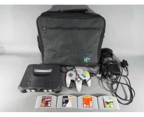 Nintendo - A Nintendo N64 games console and controller, contained in carry case with four games including Top Gear Rally, Mic