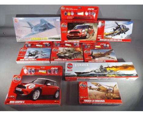 Airfix model kits - a selection of various Airfix model kits to include 1/32 scale Mini Couper S, 1/600 Bismark Warship, 1/72