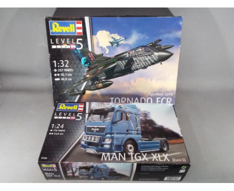 Revell model kits - two unused mint in boxes Revell Level 5 model kits to include Tornado ECR Jet 1/32 scale and MAN TGX XLX 