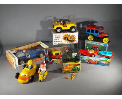 Jimson, Telsalda, Lucky Toys, Penguin, Merehall and others - A collection of eight predominately boxed vintage plastic toys. 