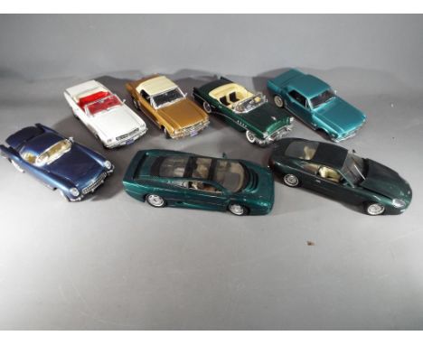 Mira, Maisto, Guitoy - seven 1/18 scale model cars, unboxed to include Jaguar, Aston Martin, Chevrolet, Buick and Ford Mustan