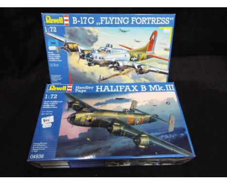 Revell - a Handley Page Halifax B Mk.III airplane 1/72 scale model kit #04936 and B-17G Flying Fortress airplane 1/72 scale m