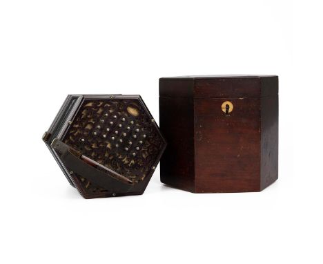 Concertina with box, Lachenal &amp; Co, London, 19th Century. Mahogany case, mahogany hexagonal ends with fretwork detail, 47