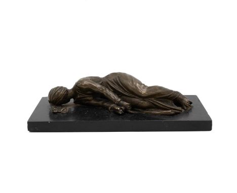 Finely cast bronze of a lady mounted on a granite plinth. Very unusual lying pose with head facing backwards. Unsigned, L 17c