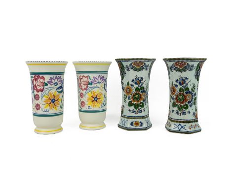 Poole pottery - pair of 1950's vases with printed marks to base (H 21cm) and a pair of Dutch Delft ware vases (H 22cm). (4)