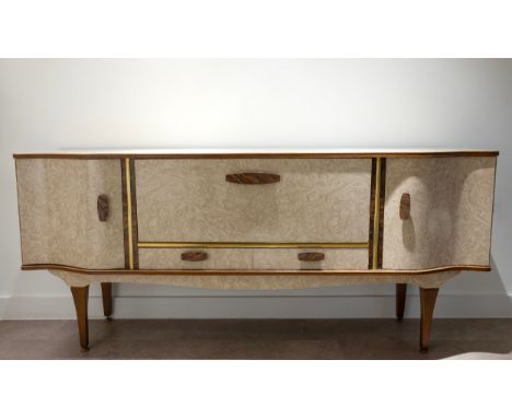 Mid-century/vintage Stonehill Formica sideboard, with a fall-front drawer, over two short drawers flanked by two cupboard sec