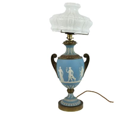 Wedgwood Blue Jasperware bronze twin handled Grecian style table lamp with original opaque Glass Shade, with bronze top and n