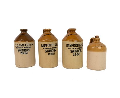 Four Swindon Salt Glazed Flaggons including Philip H Mason Swindon impressed mark H20cm and Bamforth &amp; Co Botanical Brewe