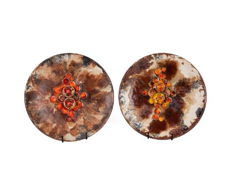 Rushca Keramik West German fat lava pottery wall plates - a pair - model 717/3. Diameter 36cm. (2)